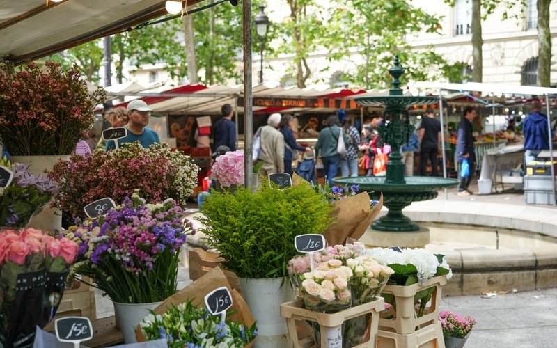 Étals du marché Monge sous les arbres de la place Monge, Paris 5e