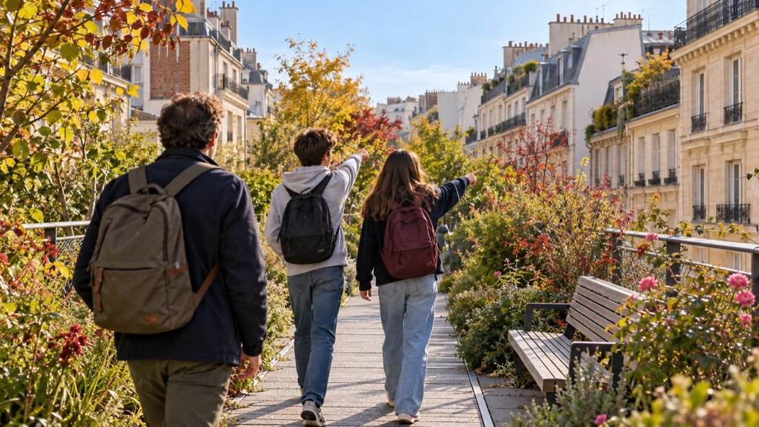 Deux adolescents et un parent sur une promenade plantée surélevée à Paris en automne